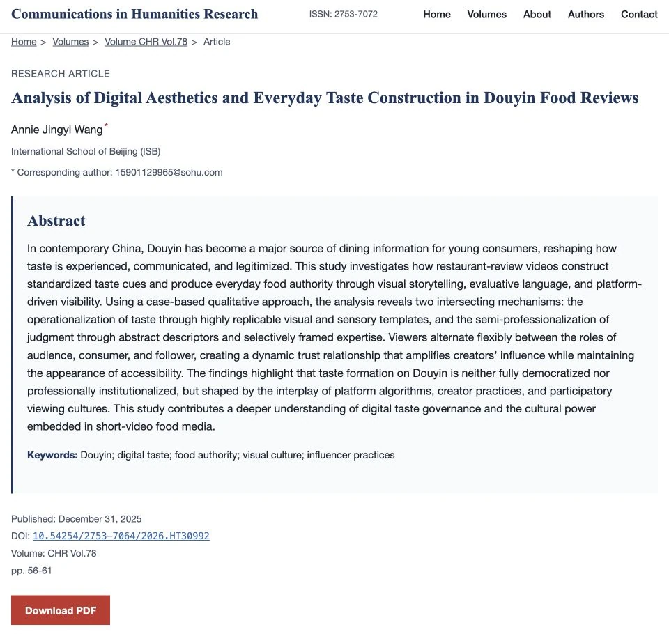 Published article page in Communications in Humanities Research, showing the title, author, abstract and DOI
